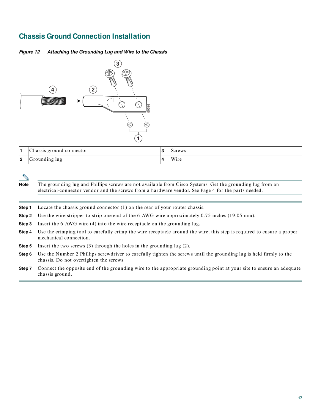 Cisco Systems 7401 quick start Chassis Ground Connection Installation, Attaching the Grounding Lug and Wire to the Chassis 