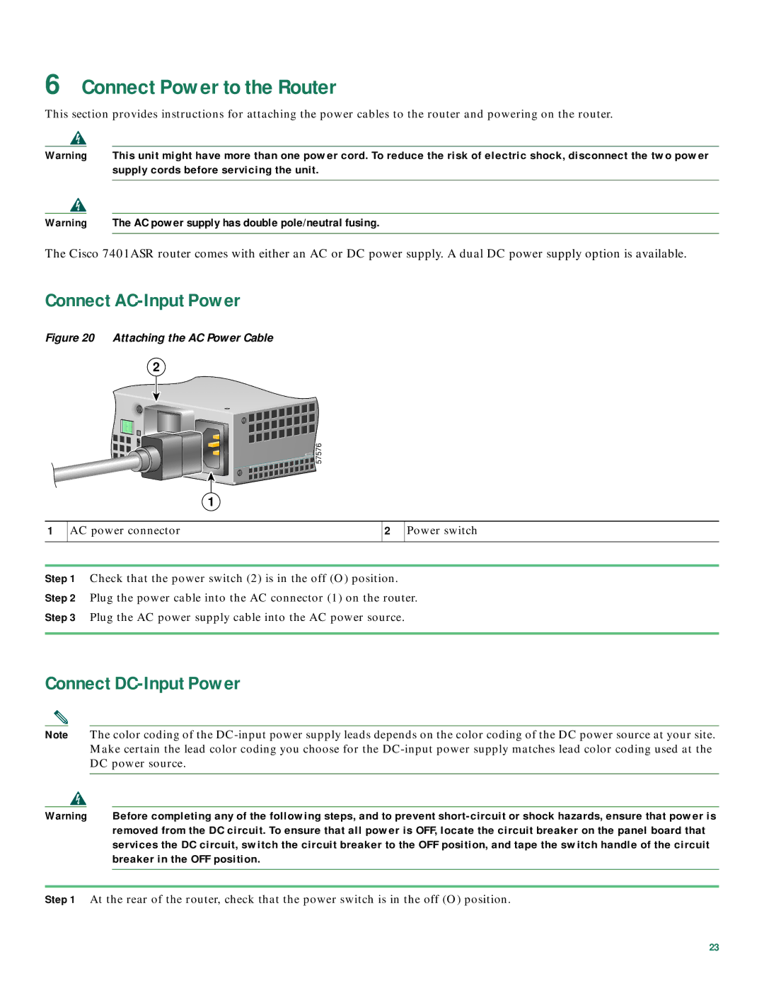 Cisco Systems 7401 quick start Connect Power to the Router, Connect AC-Input Power, Connect DC-Input Power 