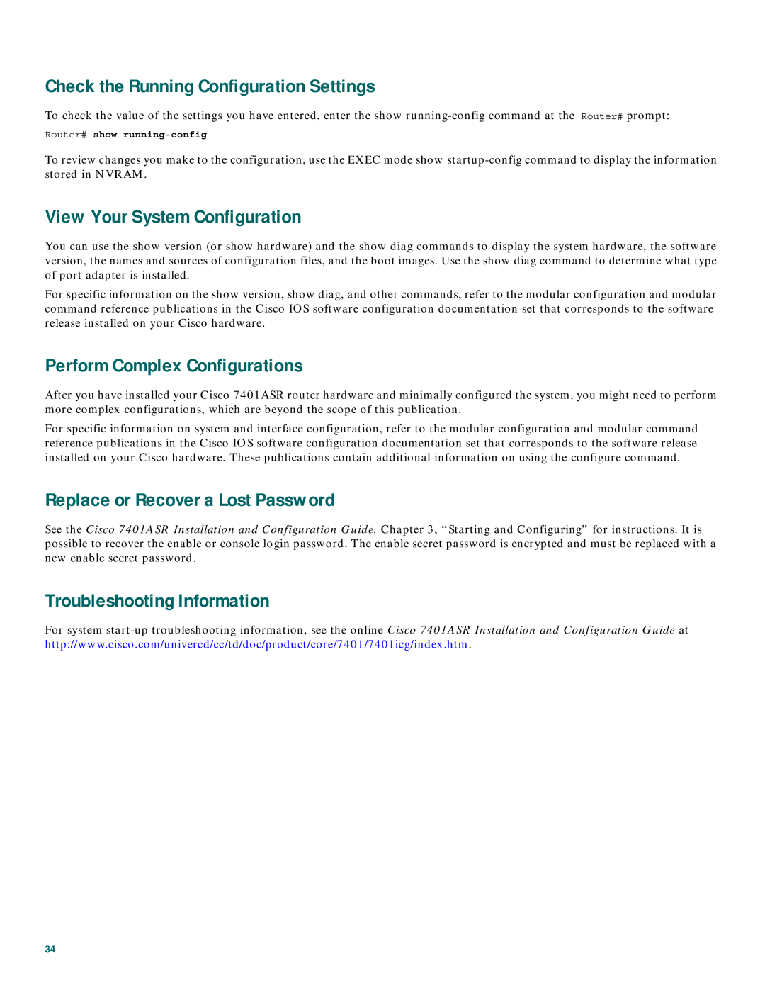 Cisco Systems 7401 Check the Running Configuration Settings, View Your System Configuration, Troubleshooting Information 