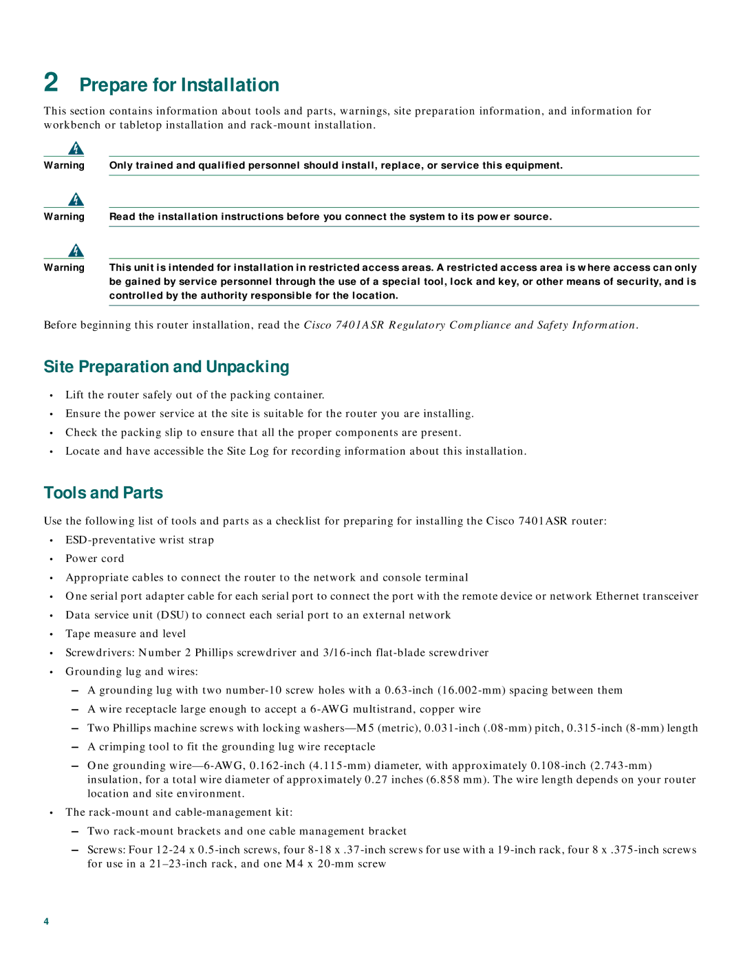 Cisco Systems 7401 quick start Prepare for Installation, Site Preparation and Unpacking, Tools and Parts 