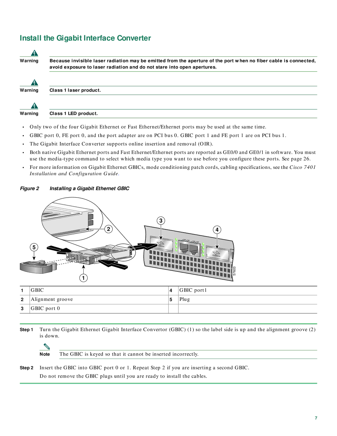 Cisco Systems 7401 quick start Install the Gigabit Interface Converter, Class 1 LED product 