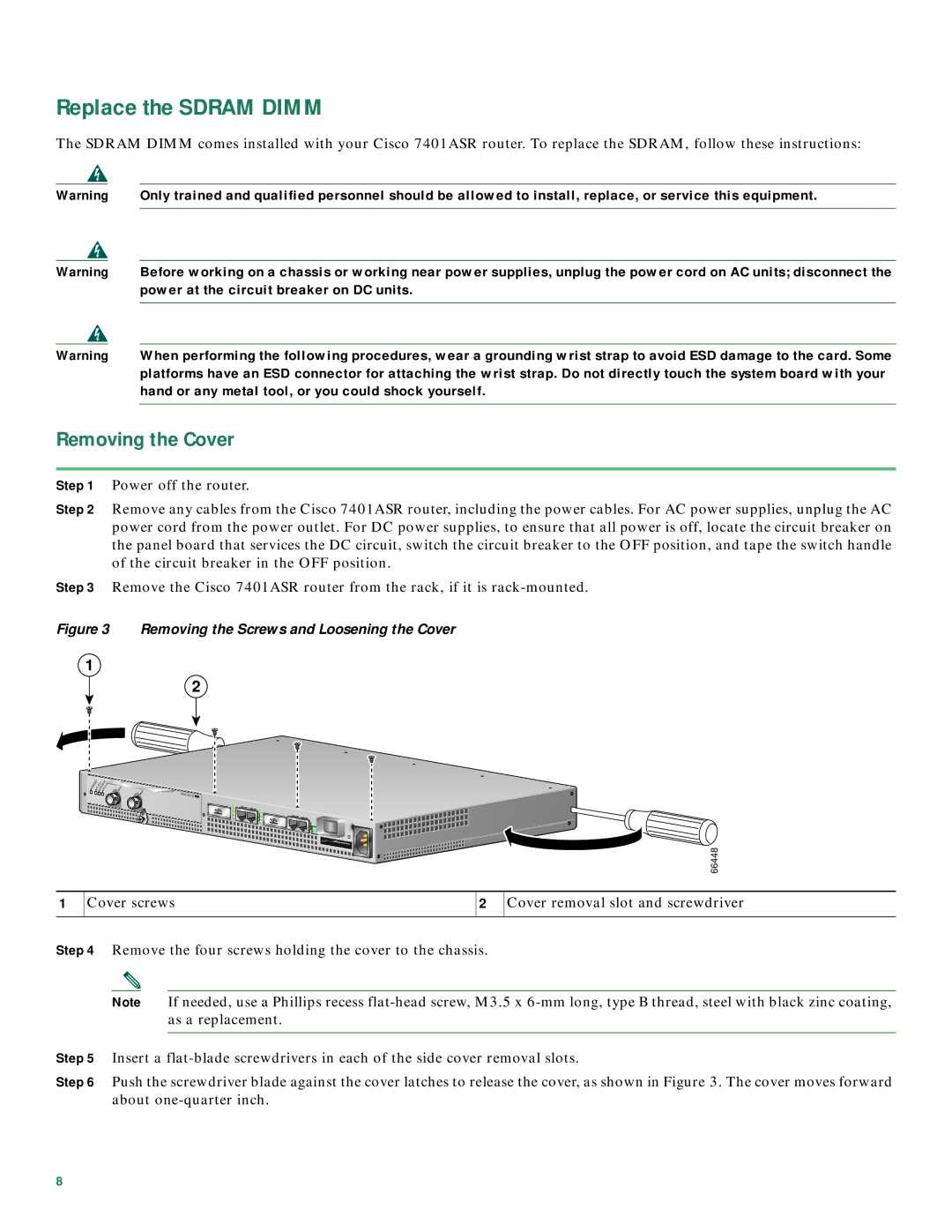 Cisco Systems 7401 quick start Replace the Sdram Dimm, Removing the Cover 