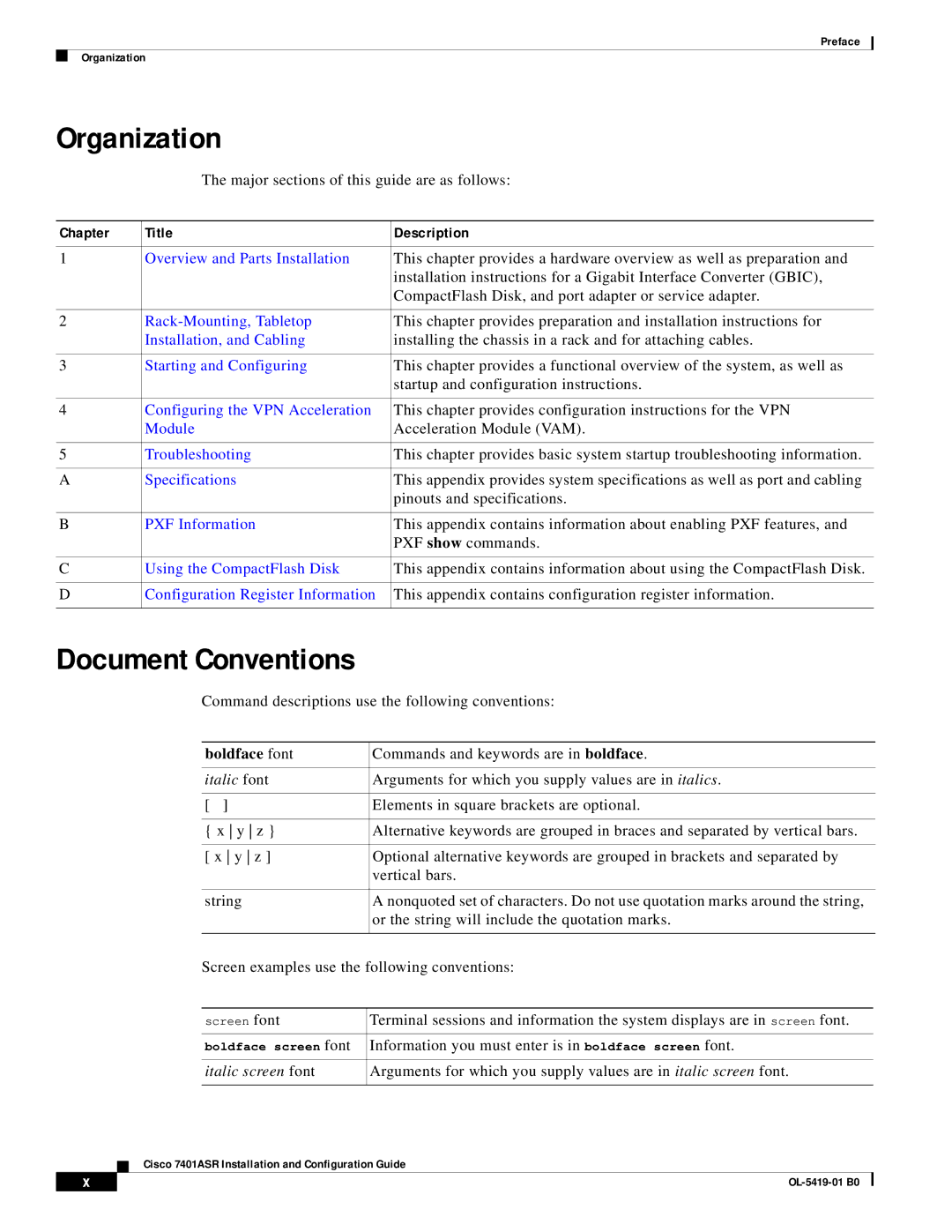 Cisco Systems 7401ASR manual Organization, Document Conventions, Chapter Title Description 