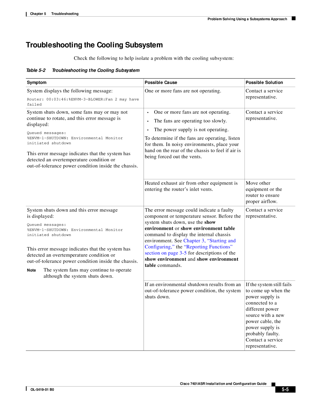 Cisco Systems 7401ASR manual Troubleshooting the Cooling Subsystem, To determine if the fans are operating, listen 