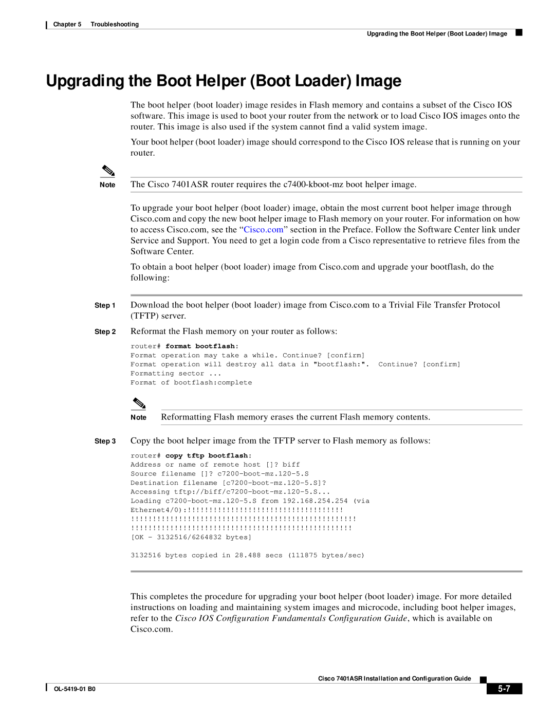 Cisco Systems 7401ASR Upgrading the Boot Helper Boot Loader Image, Router# format bootflash, Router# copy tftp bootflash 