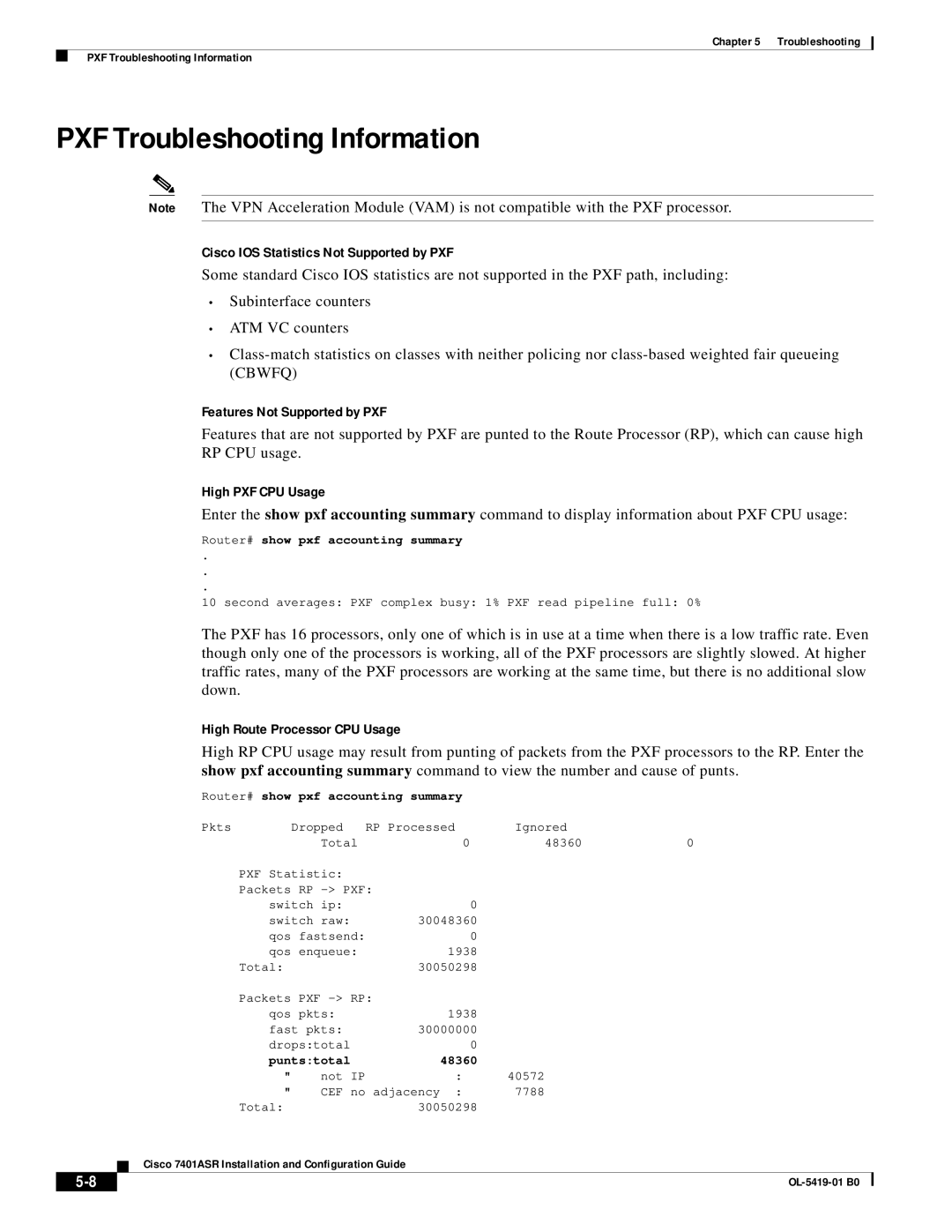 Cisco Systems 7401ASR manual PXF Troubleshooting Information, Cisco IOS Statistics Not Supported by PXF, High PXF CPU Usage 