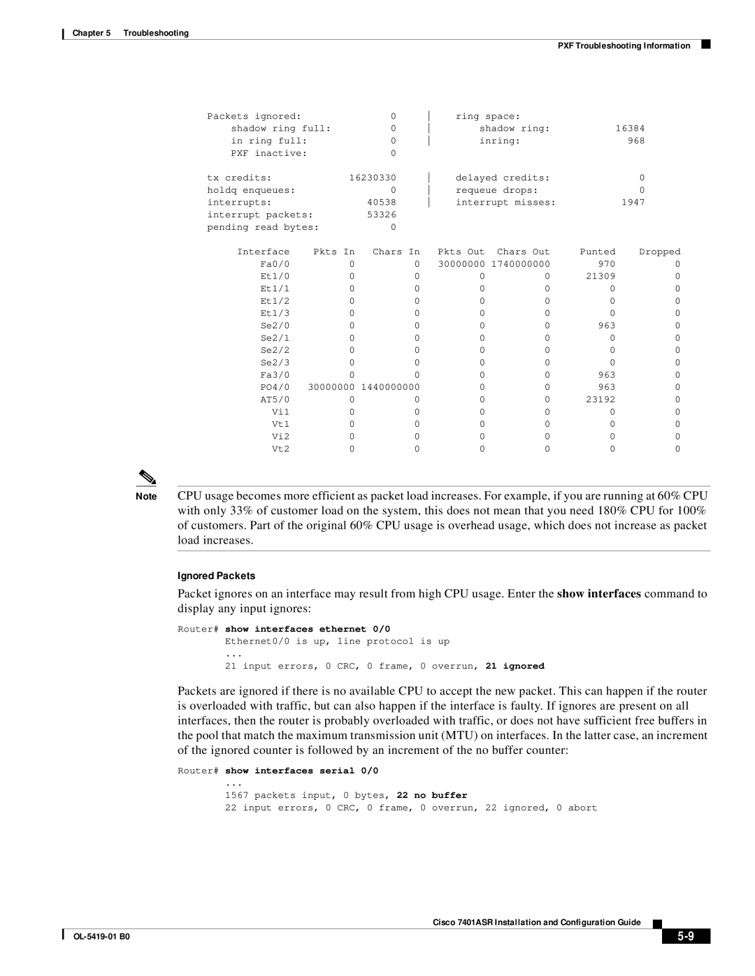 Cisco Systems 7401ASR manual Ignored Packets, Router# show interfaces ethernet 0/0, Router# show interfaces serial 0/0 