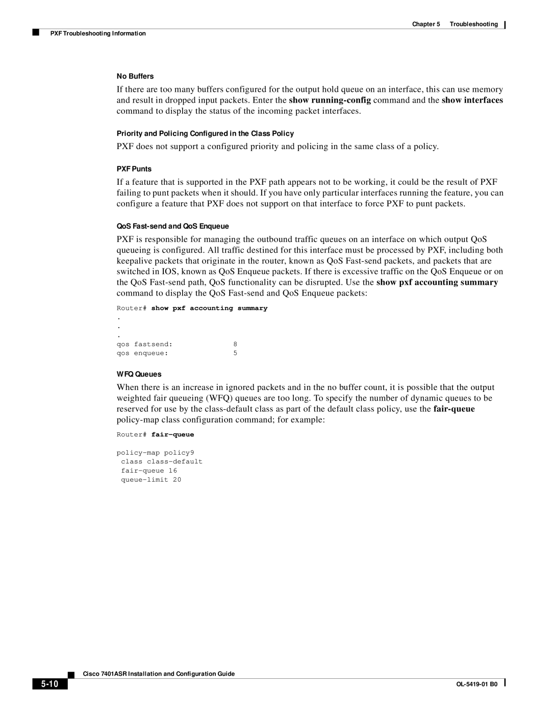 Cisco Systems 7401ASR manual No Buffers, Priority and Policing Configured in the Class Policy, PXF Punts, WFQ Queues 