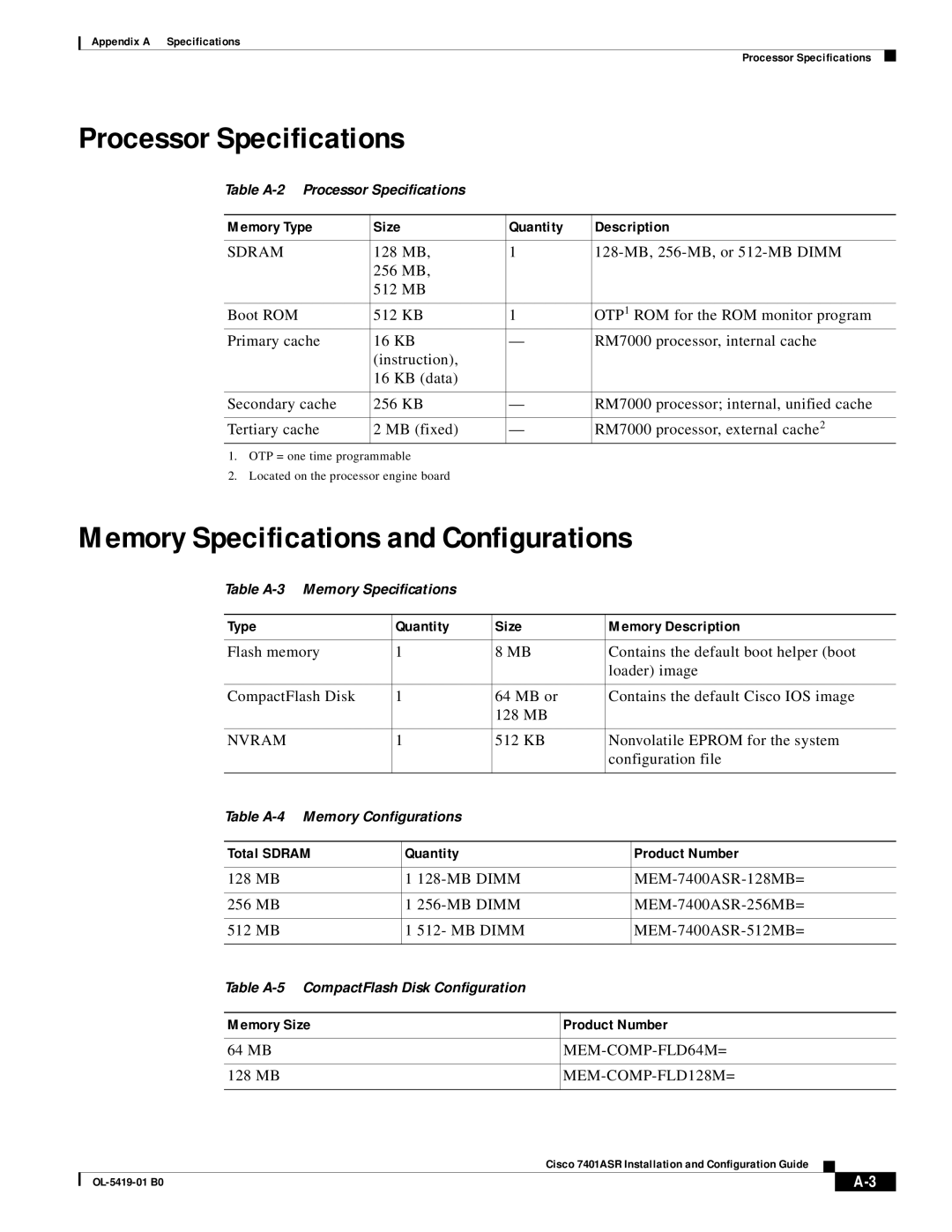 Cisco Systems 7401ASR manual Processor Specifications, Memory Specifications and Configurations 