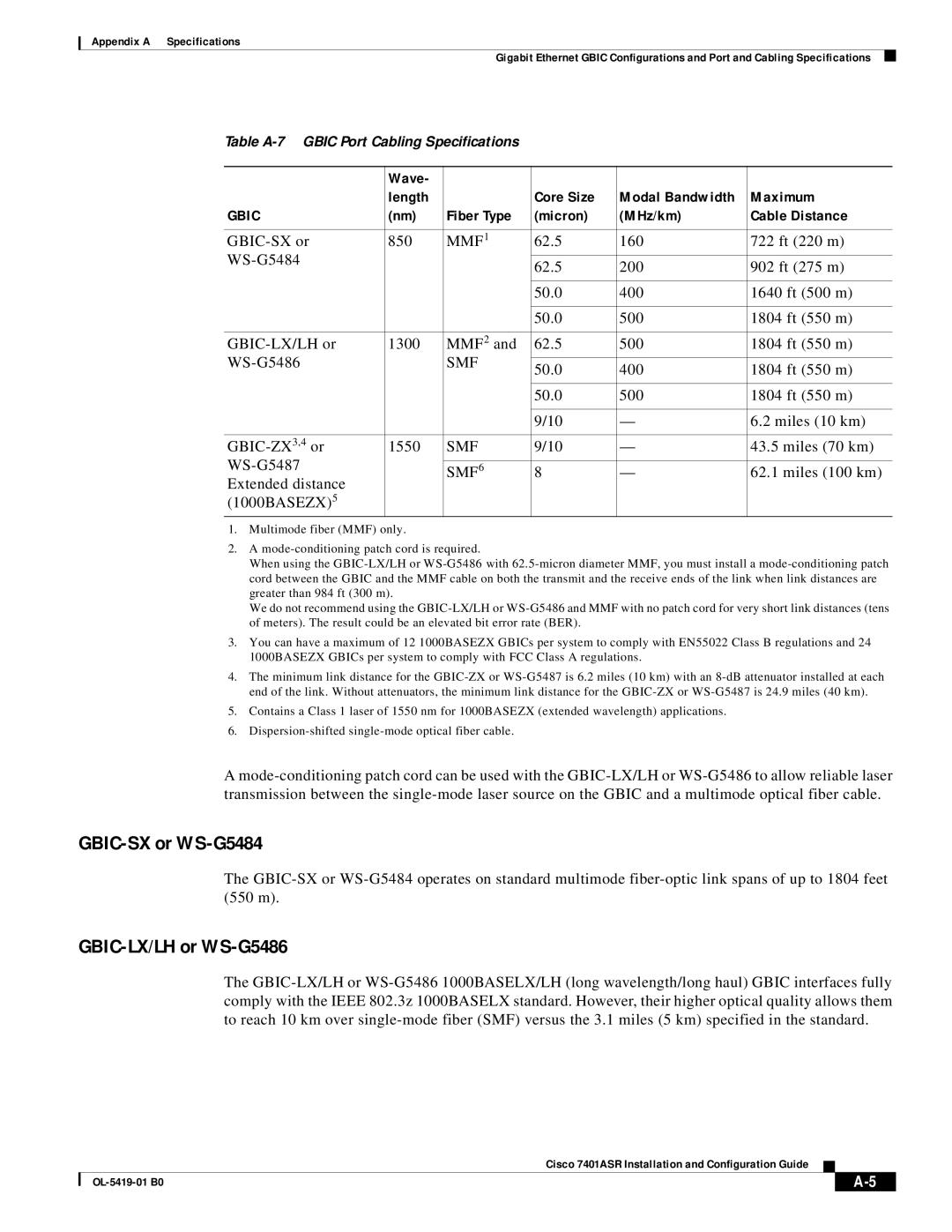 Cisco Systems 7401ASR manual GBIC-SX or WS-G5484, GBIC-LX/LH or WS-G5486, Wave Length Core Size 