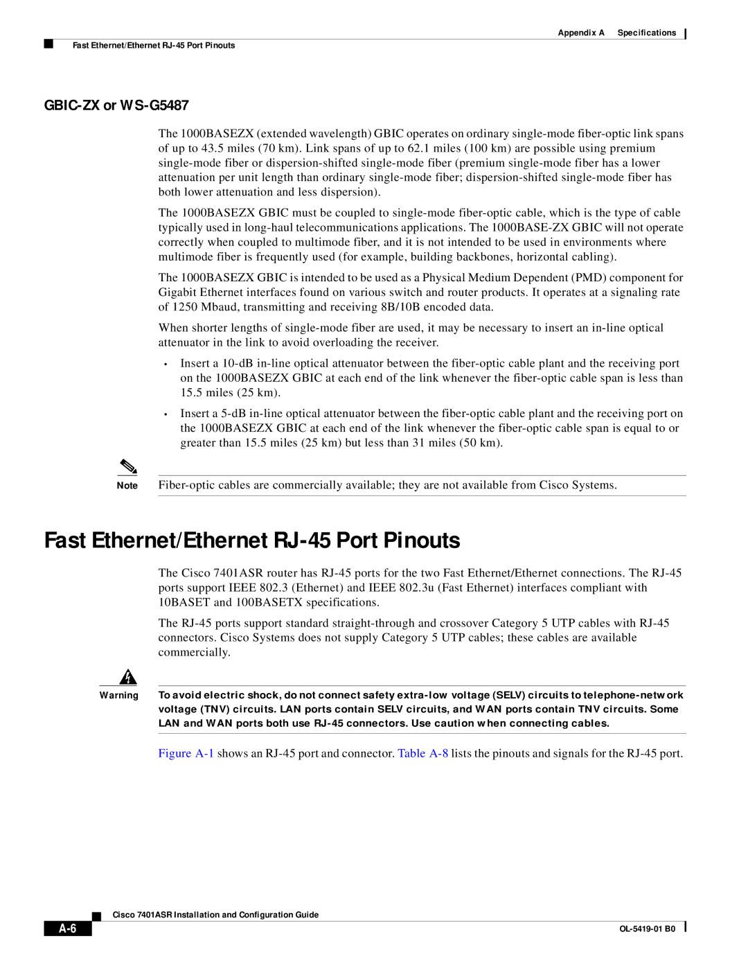 Cisco Systems 7401ASR manual Fast Ethernet/Ethernet RJ-45 Port Pinouts, GBIC-ZX or WS-G5487 