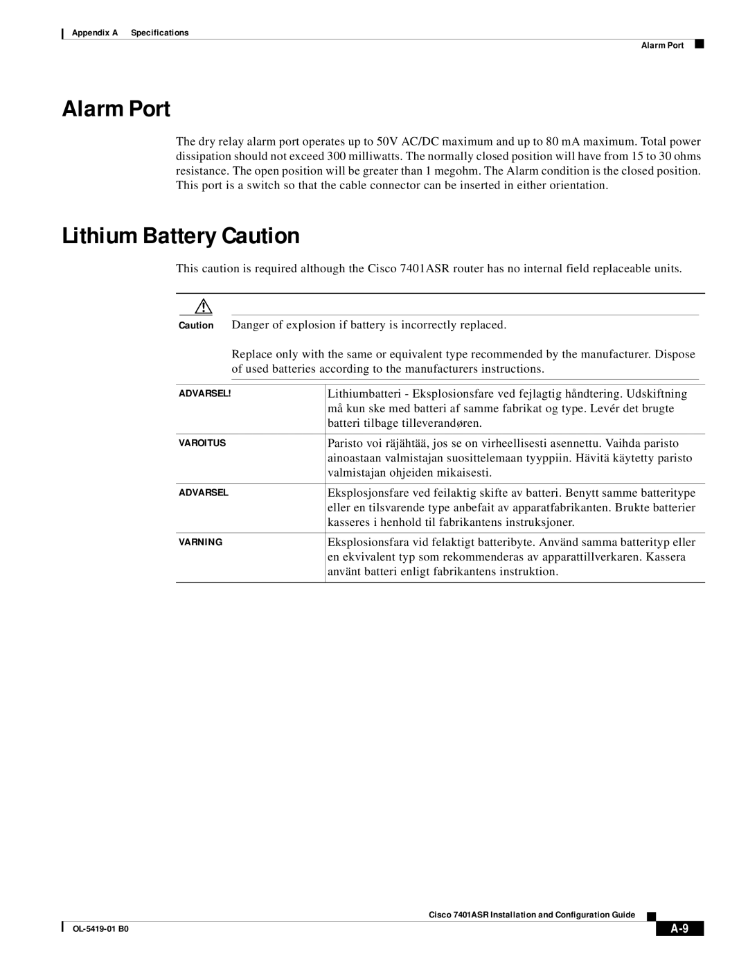 Cisco Systems 7401ASR manual Alarm Port, Lithium Battery Caution, Valmistajan ohjeiden mikaisesti 