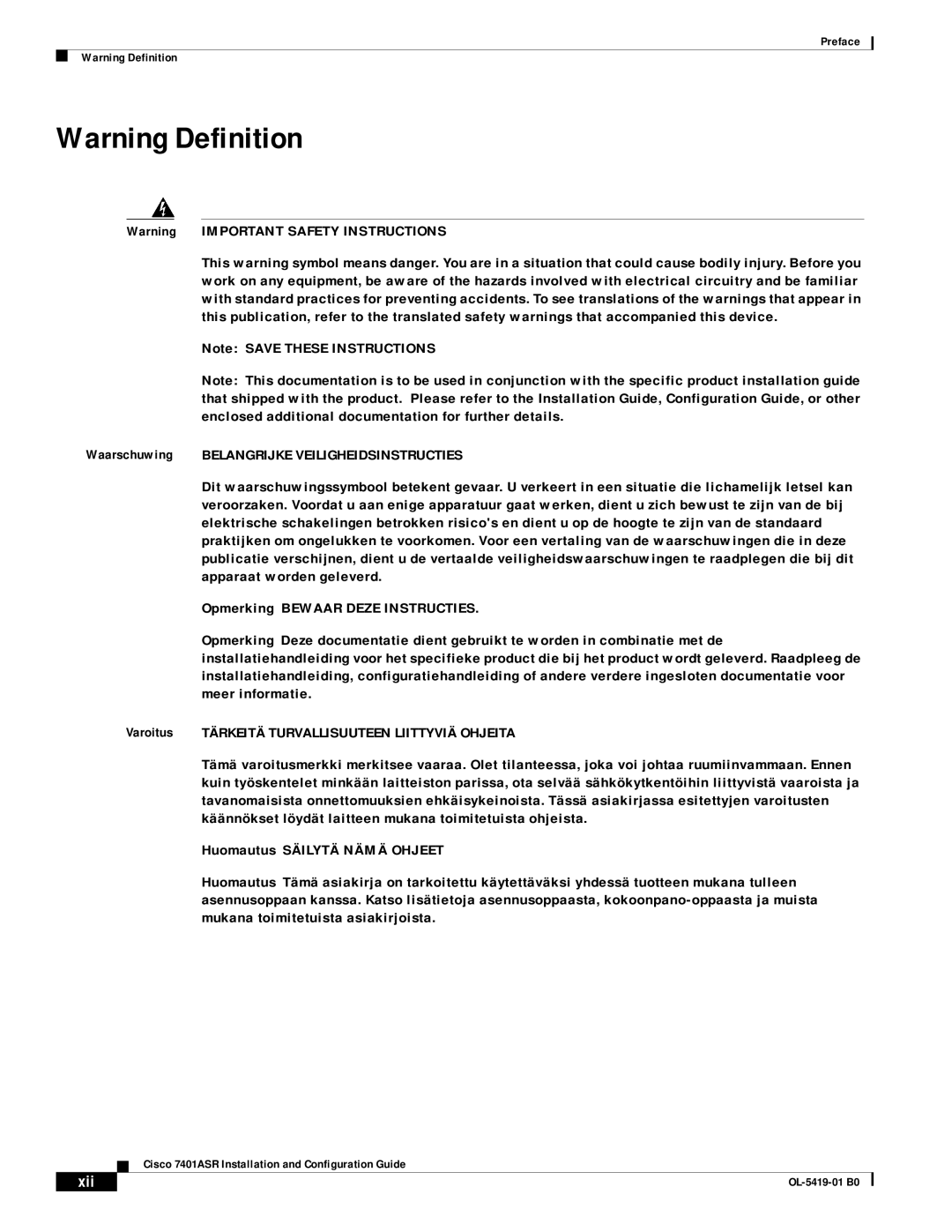 Cisco Systems 7401ASR manual Waarschuwing Belangrijke Veiligheidsinstructies, Xii 