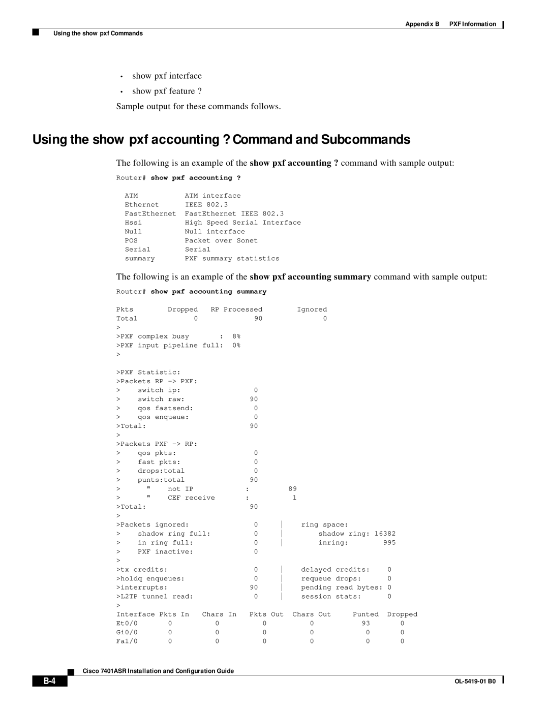 Cisco Systems 7401ASR manual Using the show pxf accounting ? Command and Subcommands, Router# show pxf accounting ? 