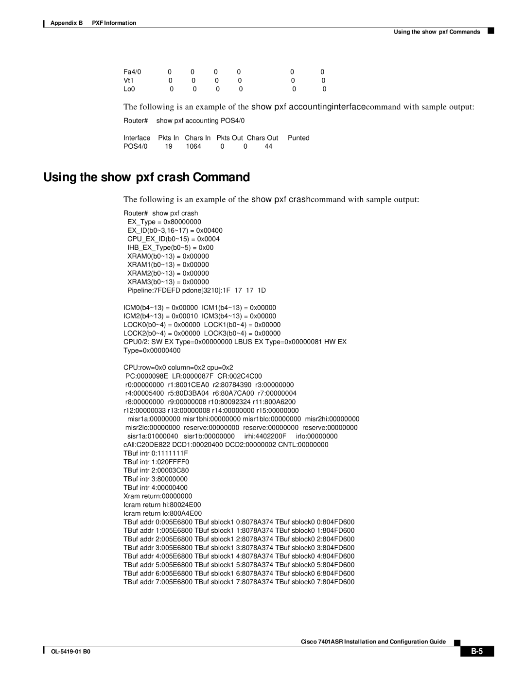 Cisco Systems 7401ASR manual Using the show pxf crash Command, Router# show pxf accounting POS4/0, Router#show pxf crash 