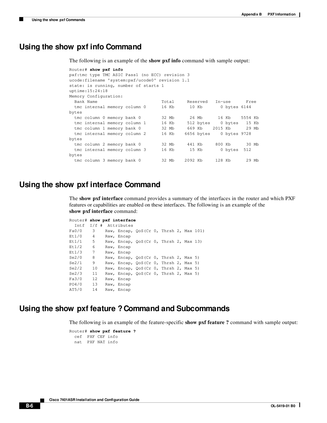 Cisco Systems 7401ASR manual Using the show pxf info Command, Using the show pxf interface Command, Show pxf interface 