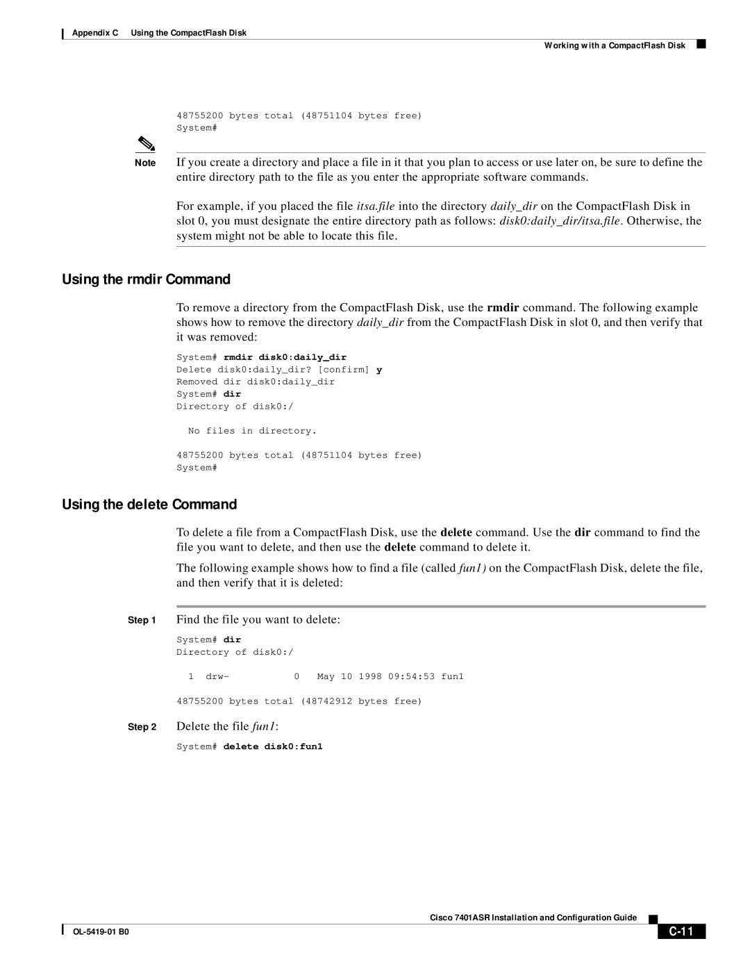 Cisco Systems 7401ASR Using the rmdir Command, Using the delete Command, Delete the file fun1, System# rmdir disk0dailydir 