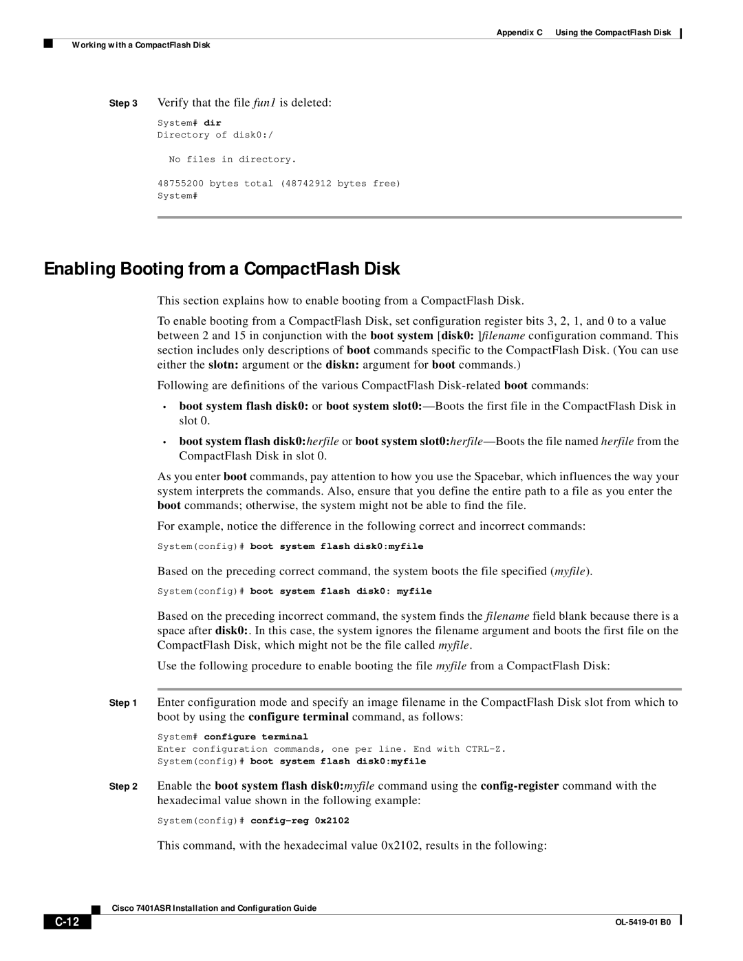 Cisco Systems 7401ASR manual Enabling Booting from a CompactFlash Disk, Verify that the file fun1 is deleted 