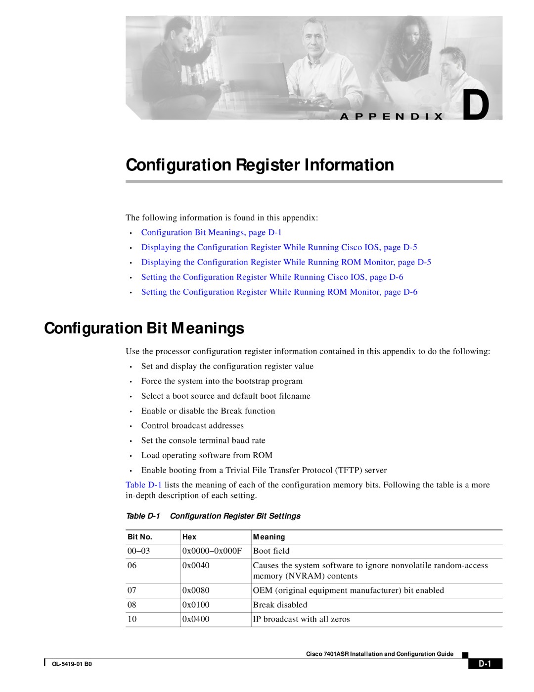 Cisco Systems 7401ASR Configuration Bit Meanings, Following information is found in this appendix, Bit No Hex Meaning 