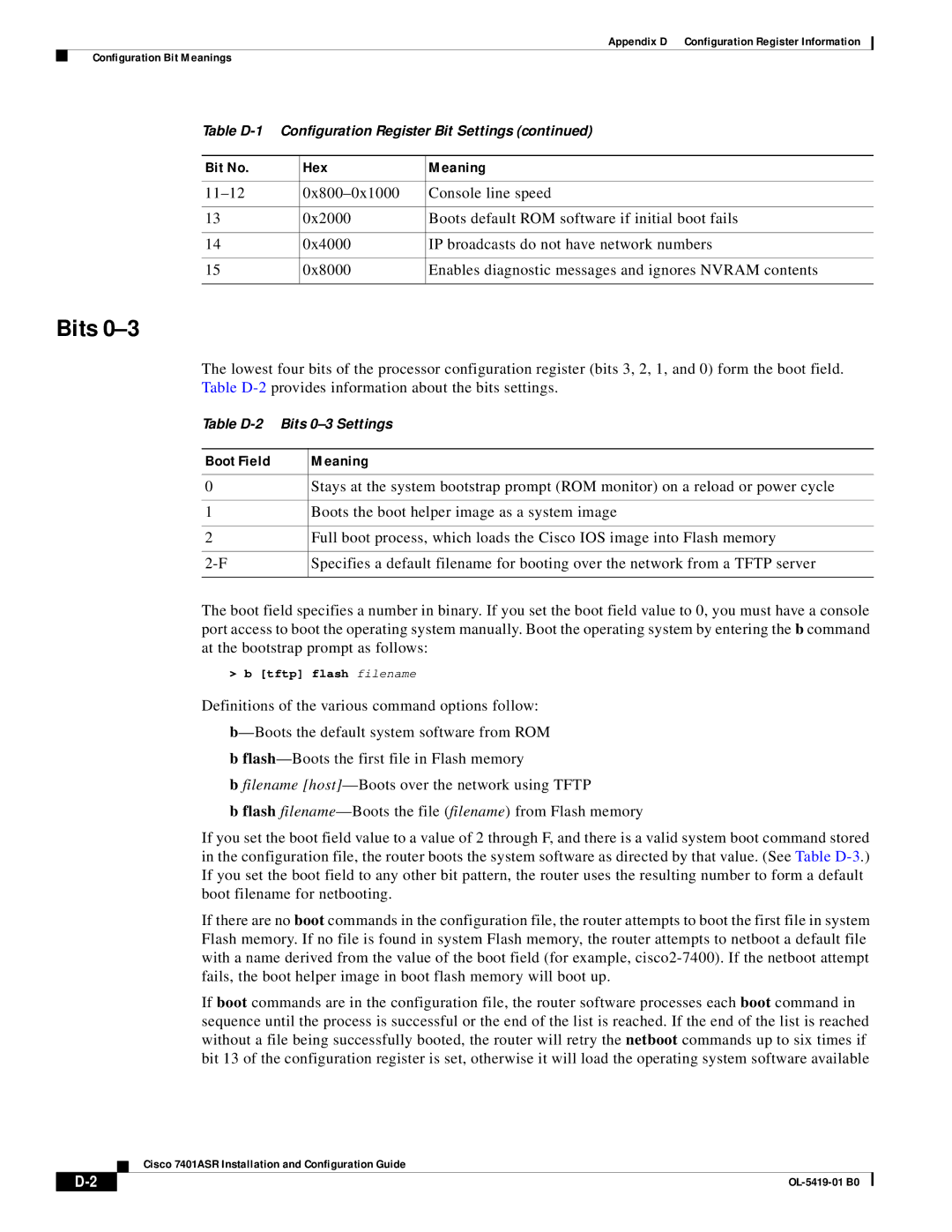 Cisco Systems 7401ASR manual Bits, Boot Field Meaning, Boots the boot helper image as a system image, Tftp flash filename 