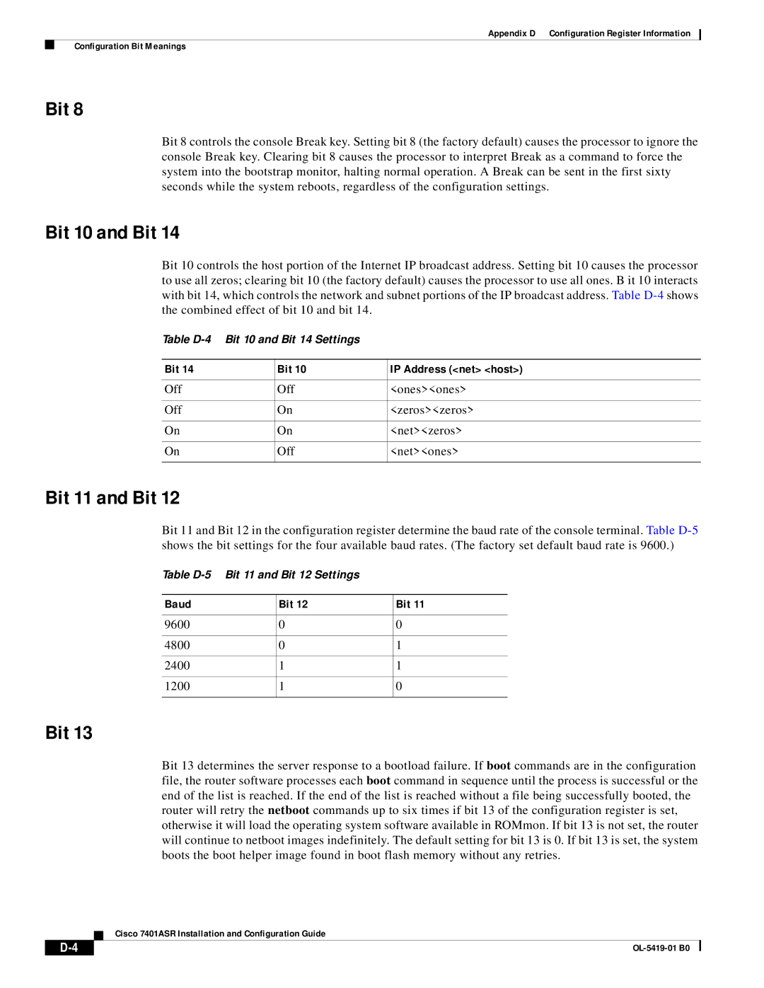 Cisco Systems 7401ASR manual Bit 10 and Bit, Bit 11 and Bit, Bit IP Address net host, Baud Bit 