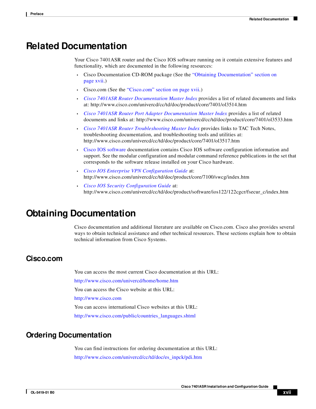 Cisco Systems 7401ASR manual Related Documentation, Obtaining Documentation, Cisco.com, Ordering Documentation, Xvii 