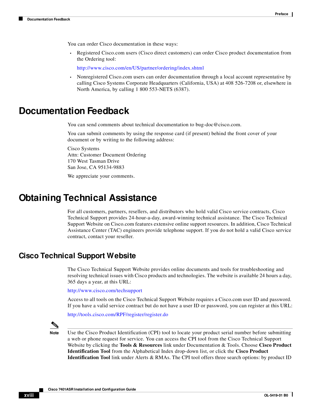 Cisco Systems 7401ASR manual Documentation Feedback, Obtaining Technical Assistance, Cisco Technical Support Website, Xviii 