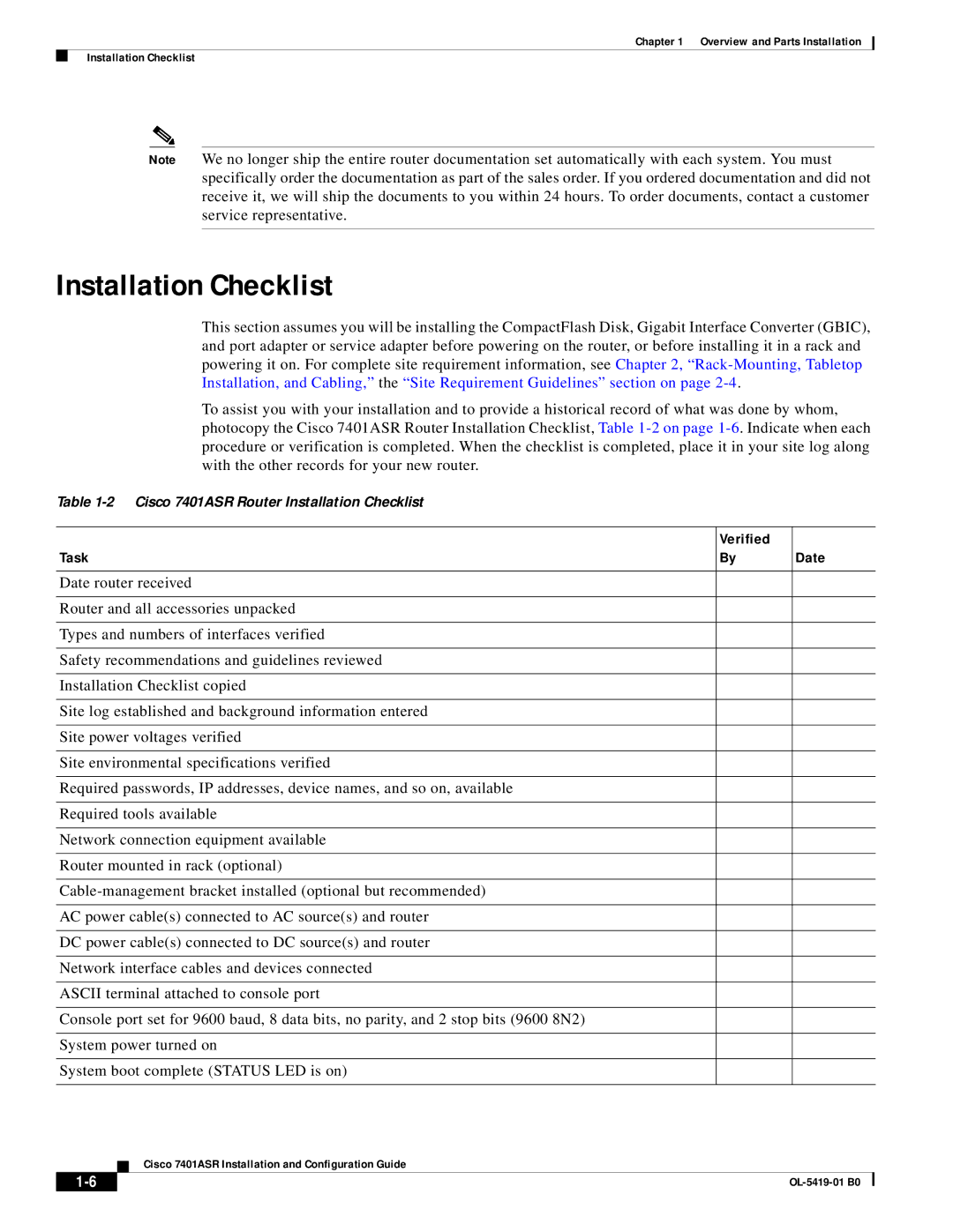 Cisco Systems 7401ASR manual Installation Checklist, Verified Task Date 