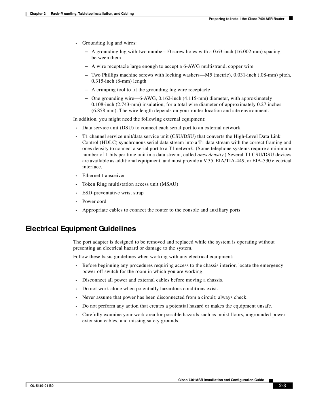 Cisco Systems 7401ASR manual Electrical Equipment Guidelines 