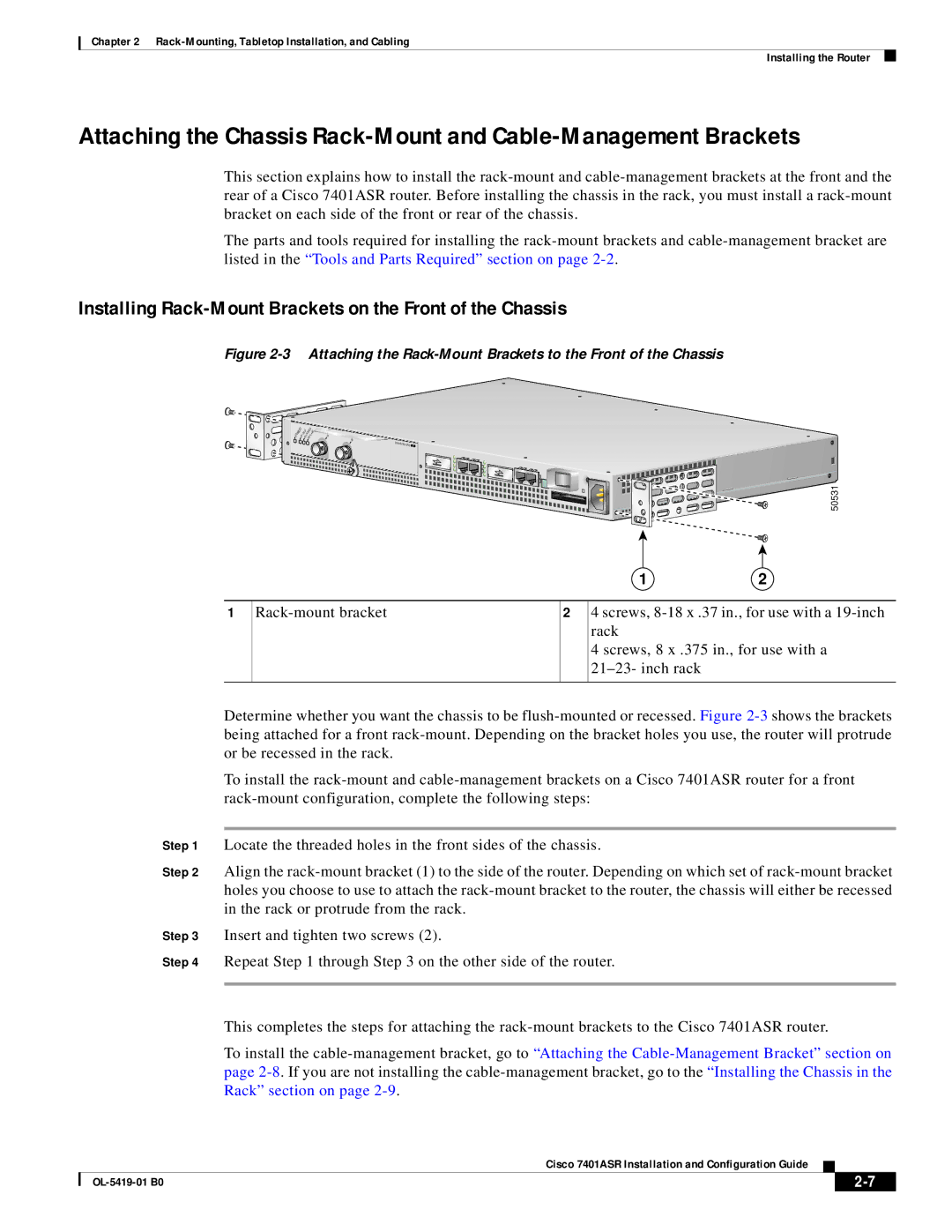 Cisco Systems 7401ASR manual Locate the threaded holes in the front sides of the chassis 