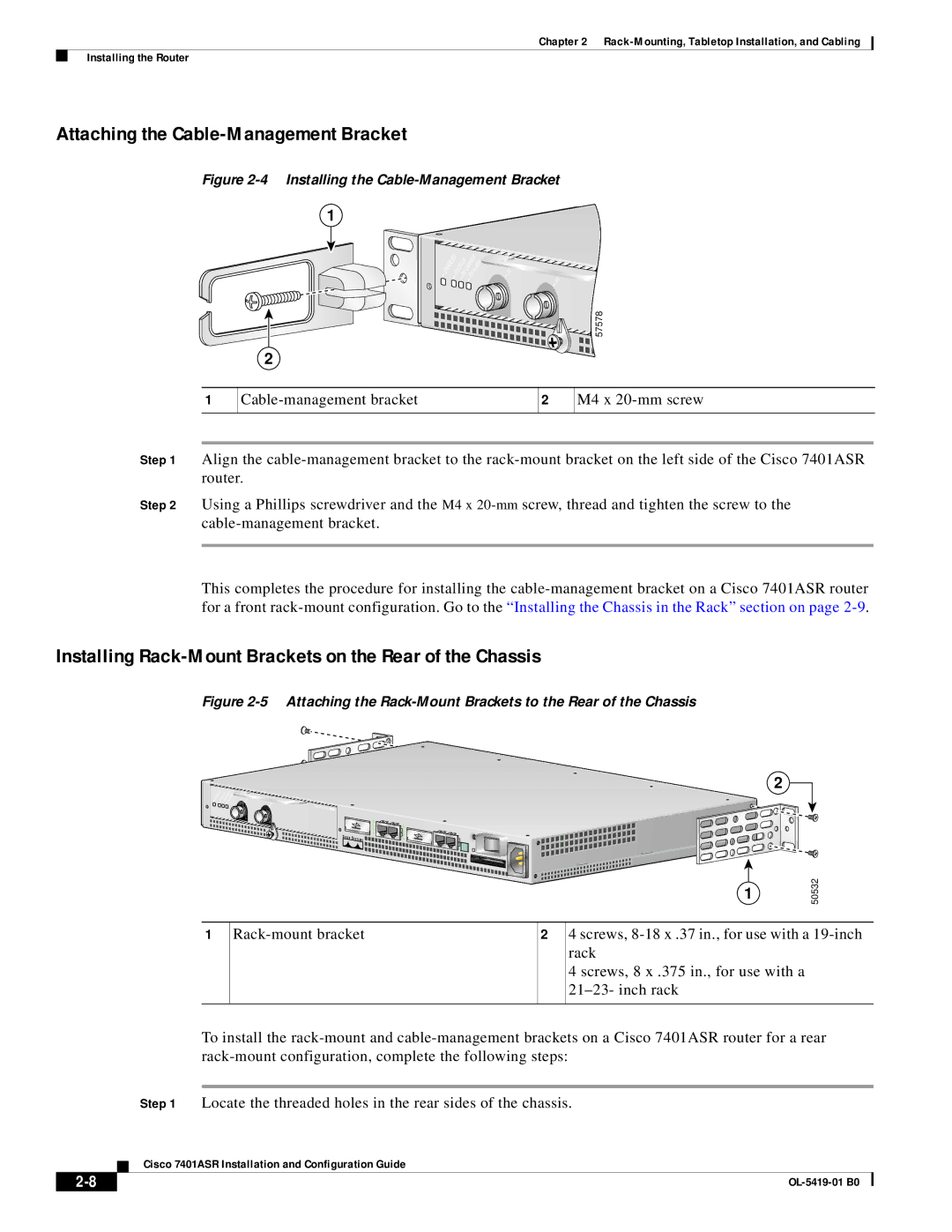 Cisco Systems 7401ASR Attaching the Cable-Management Bracket, Installing Rack-Mount Brackets on the Rear of the Chassis 