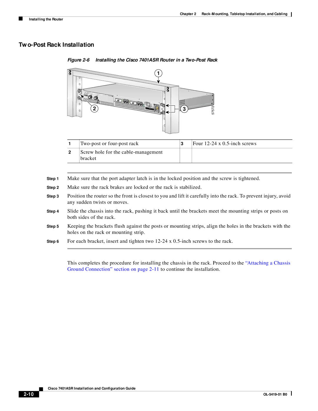 Cisco Systems manual Two-Post Rack Installation, Installing the Cisco 7401ASR Router in a Two-Post Rack 