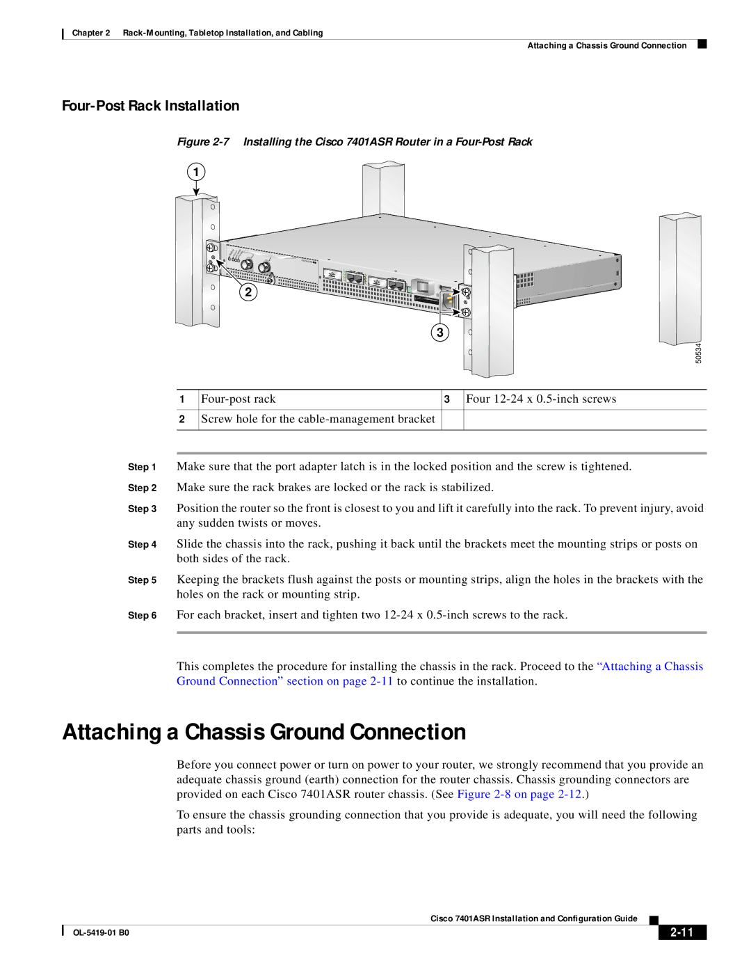 Cisco Systems 7401ASR manual Attaching a Chassis Ground Connection, Four-Post Rack Installation 