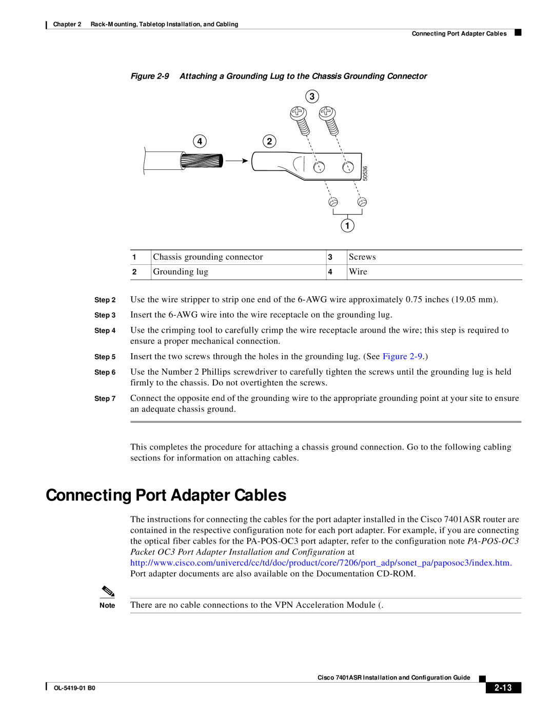 Cisco Systems 7401ASR manual Connecting Port Adapter Cables, Attaching a Grounding Lug to the Chassis Grounding Connector 