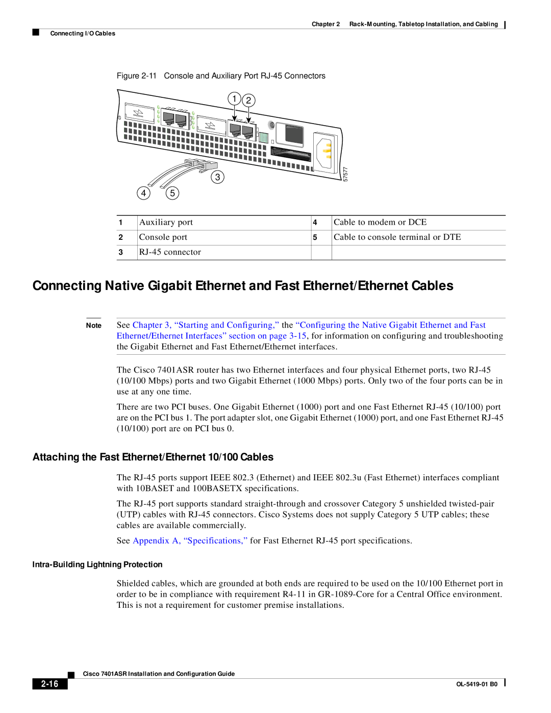 Cisco Systems 7401ASR manual Attaching the Fast Ethernet/Ethernet 10/100 Cables, Intra-Building Lightning Protection 