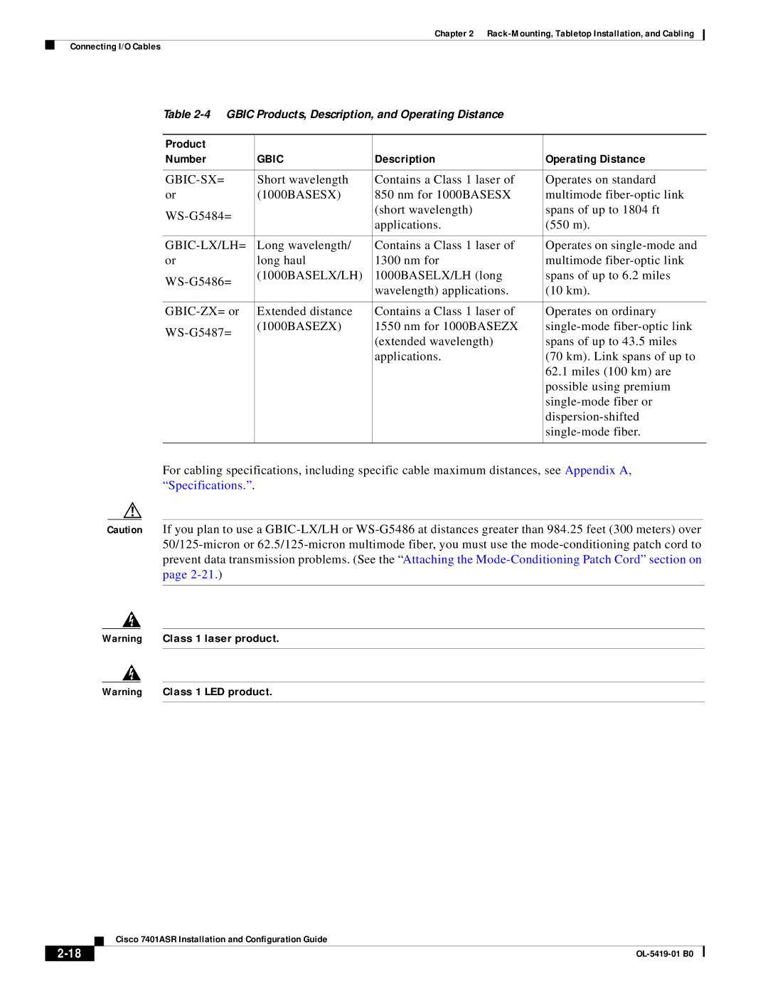 Cisco Systems 7401ASR manual Product Number, Description Operating Distance, Gbic-Sx=, Gbic-Lx/Lh=, 1000BASELX/LH 