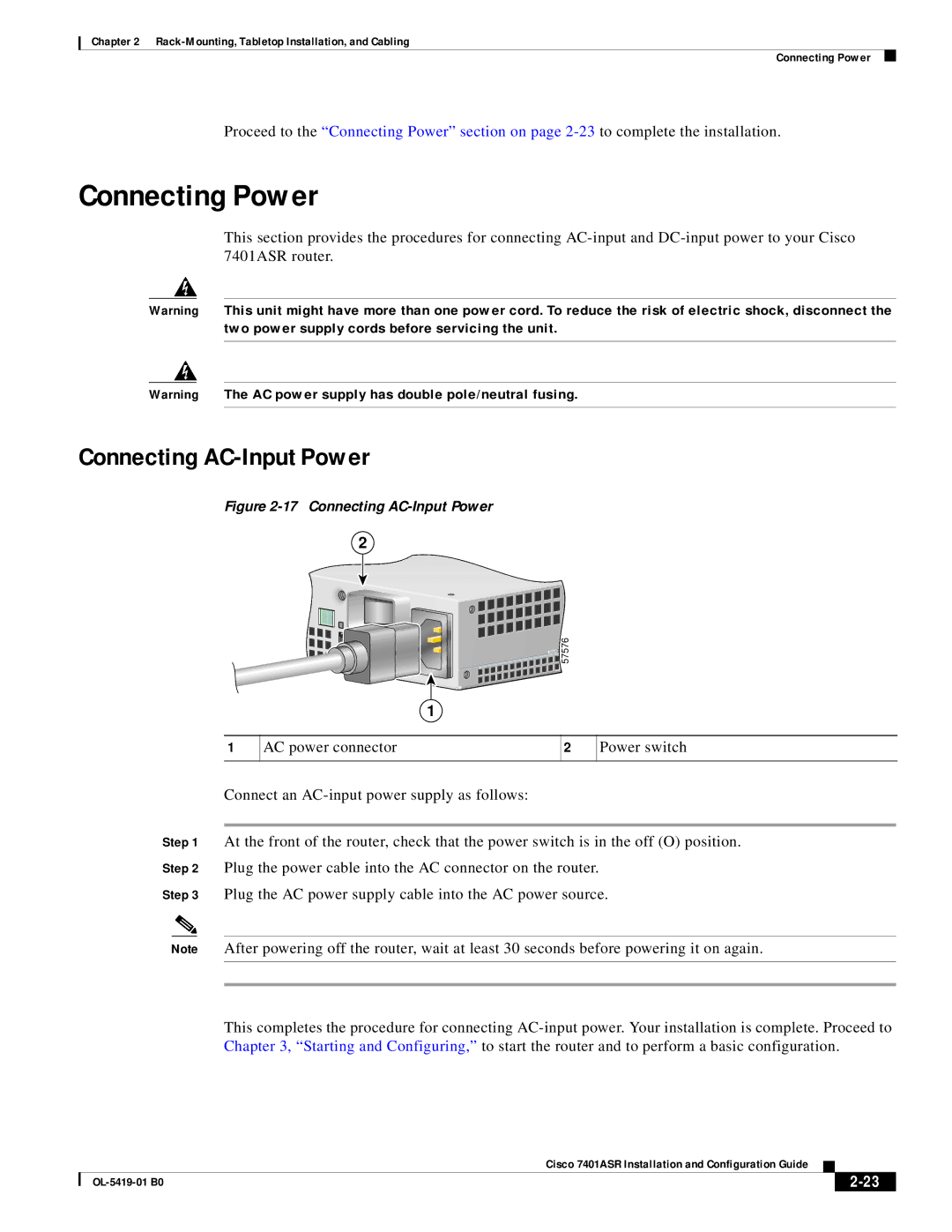 Cisco Systems 7401ASR manual Connecting Power, Connecting AC-Input Power 