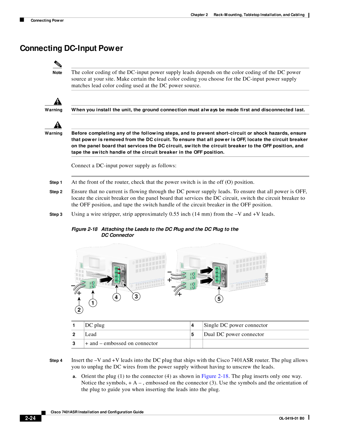 Cisco Systems 7401ASR manual Connecting DC-Input Power 