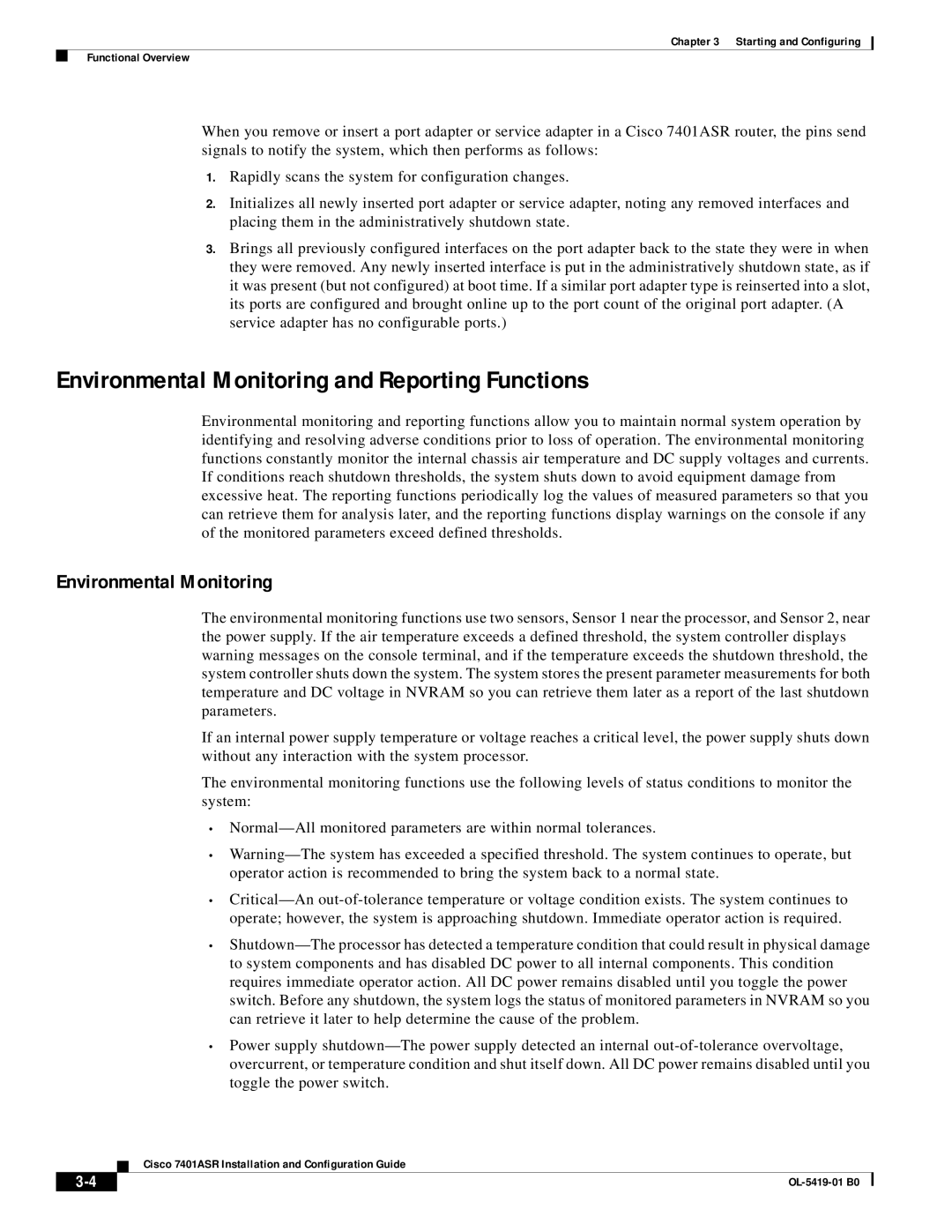 Cisco Systems 7401ASR manual Environmental Monitoring and Reporting Functions 