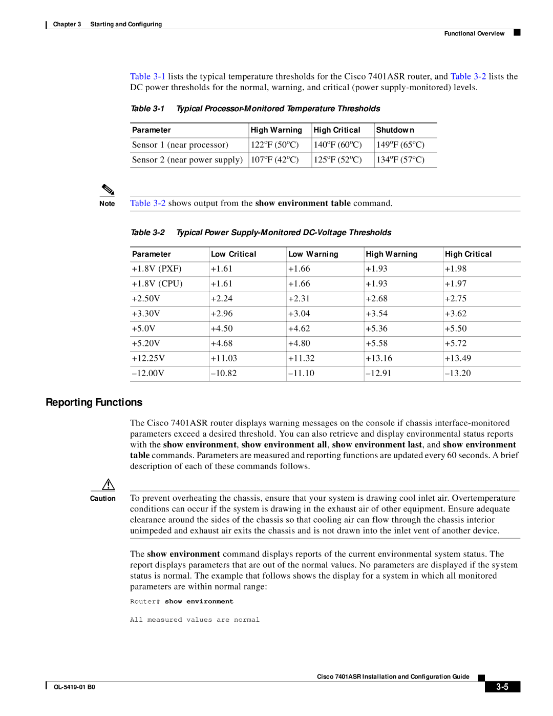 Cisco Systems 7401ASR manual Reporting Functions, Parameter High Warning High Critical Shutdown, Pxf, Cpu 