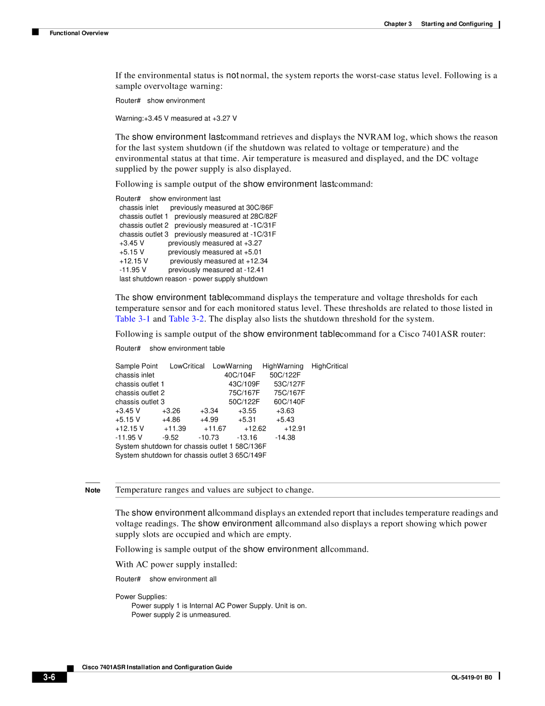 Cisco Systems 7401ASR manual Router# show environment last, Router# show environment table, Router# show environment all 