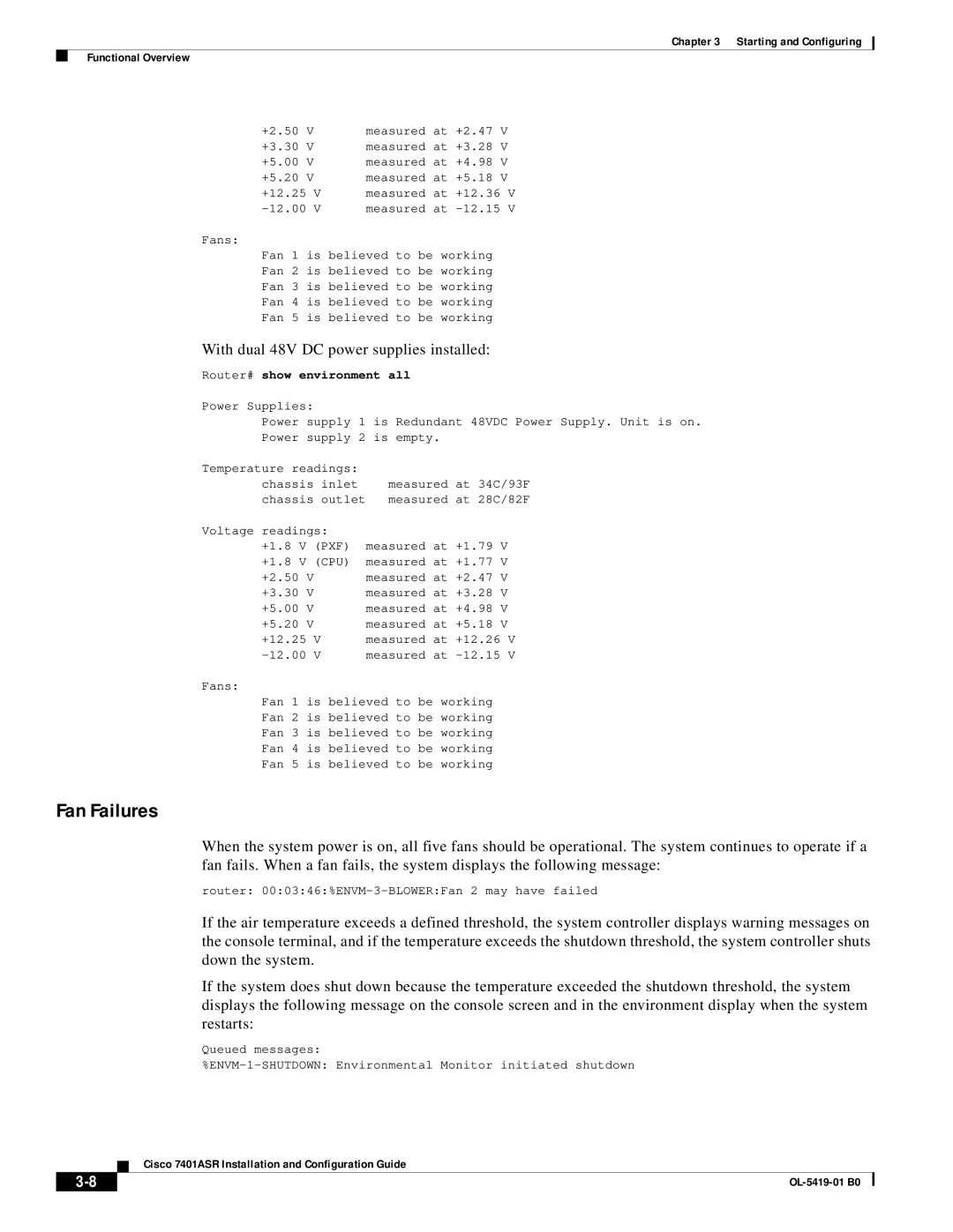 Cisco Systems 7401ASR manual Fan Failures, With dual 48V DC power supplies installed 