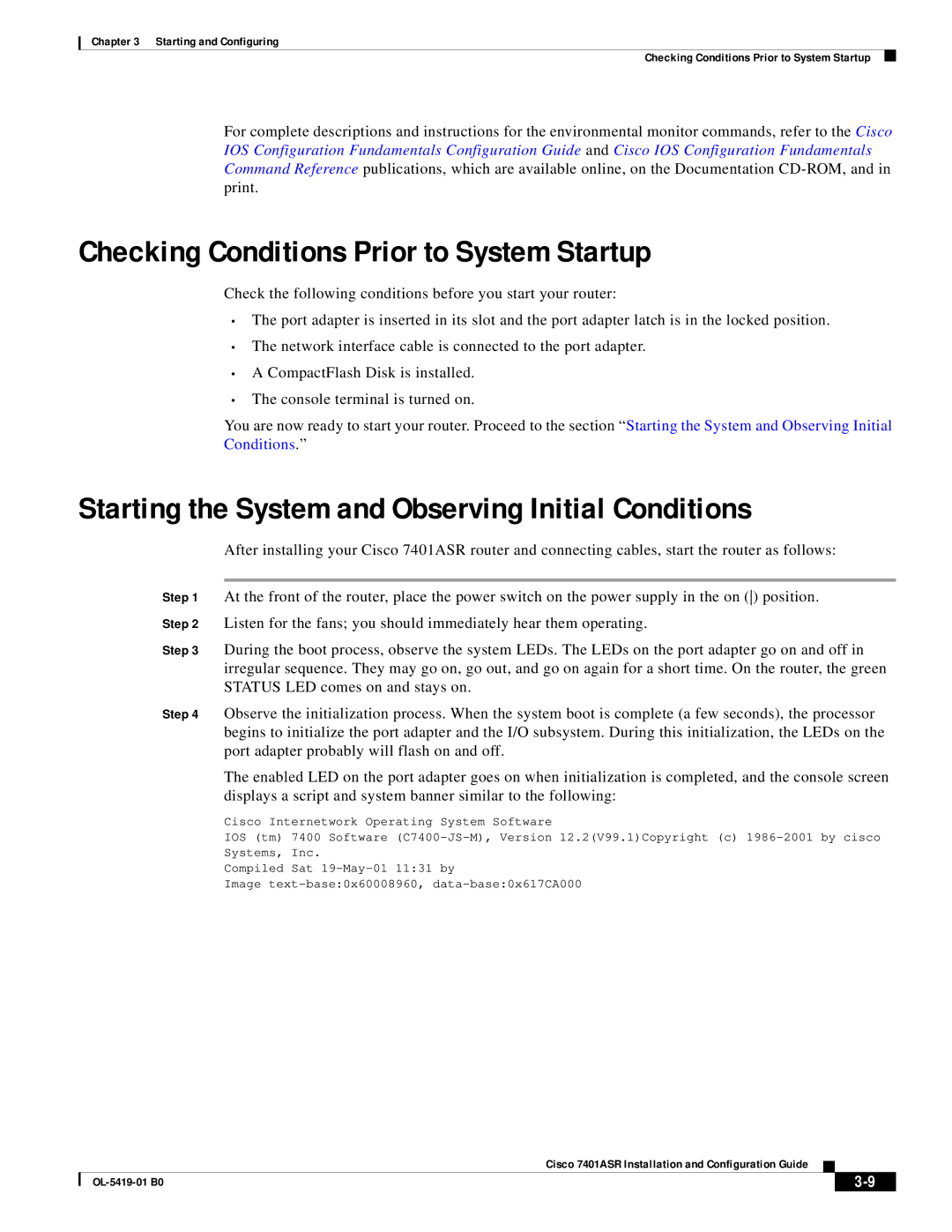 Cisco Systems 7401ASR Checking Conditions Prior to System Startup, Starting the System and Observing Initial Conditions 