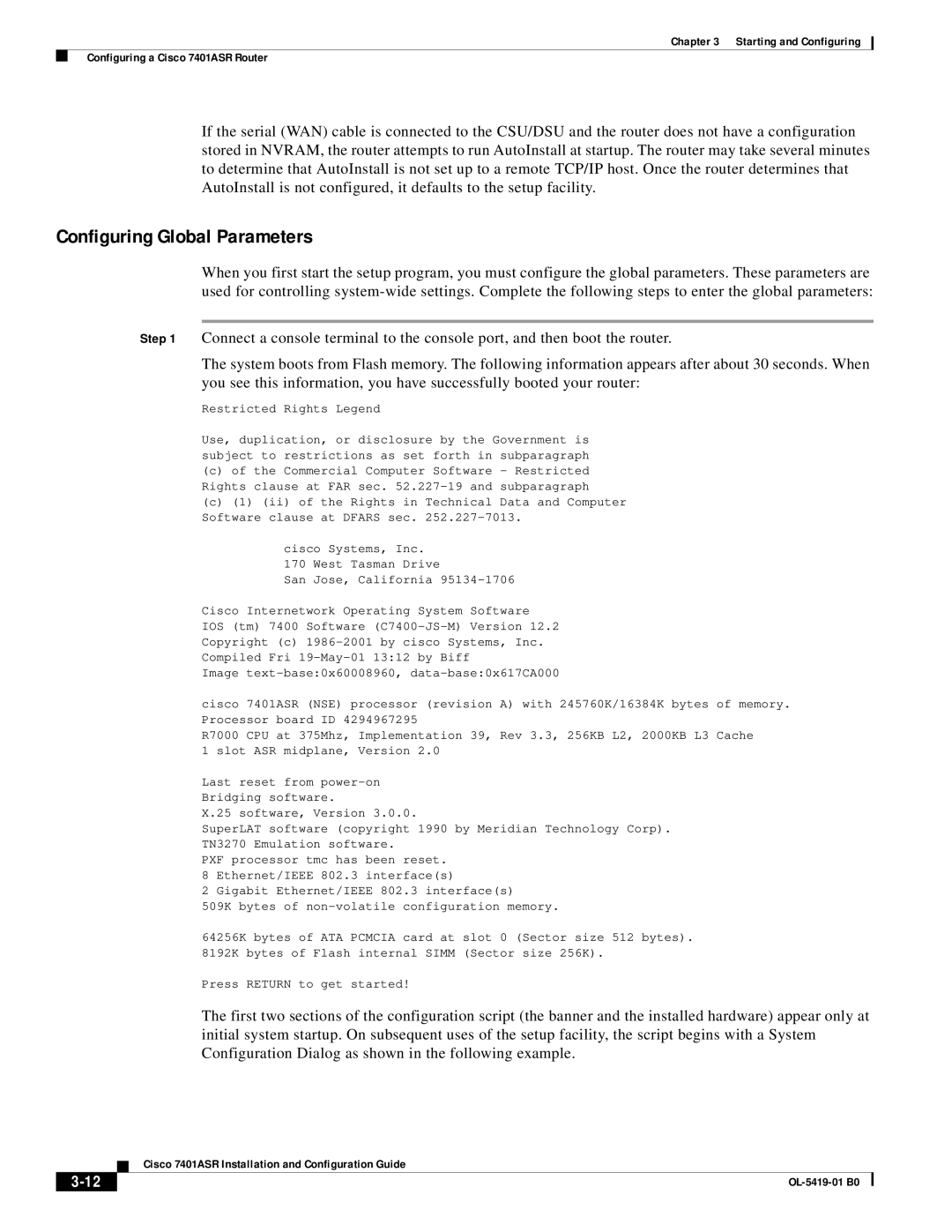 Cisco Systems 7401ASR manual Configuring Global Parameters, Restricted Rights Legend 