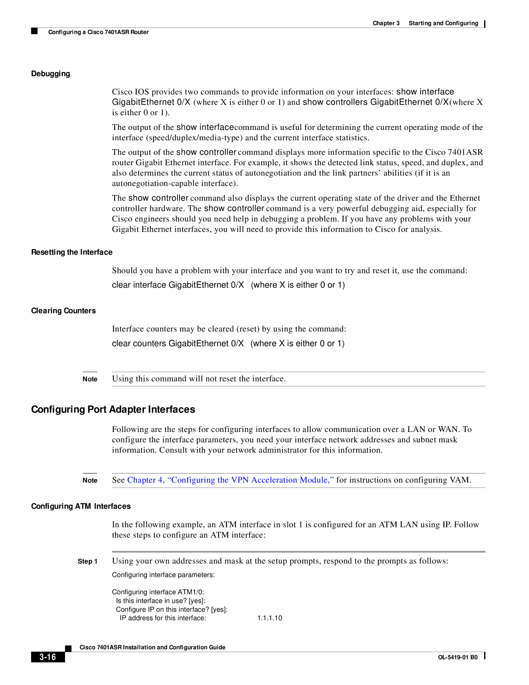 Cisco Systems 7401ASR Configuring Port Adapter Interfaces, Interface counters may be cleared reset by using the command 