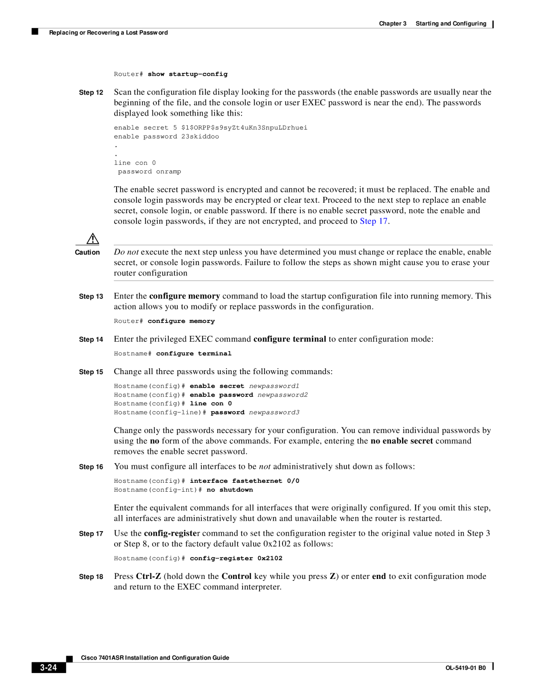 Cisco Systems 7401ASR manual Change all three passwords using the following commands 