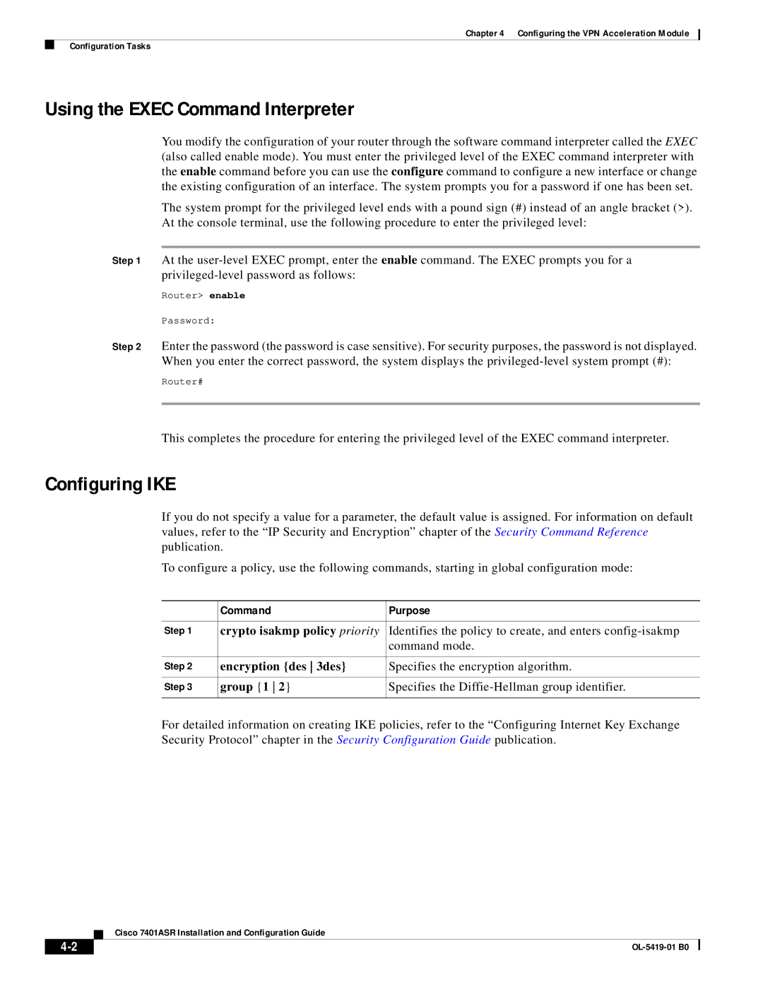 Cisco Systems 7401ASR manual Using the Exec Command Interpreter, Configuring IKE 