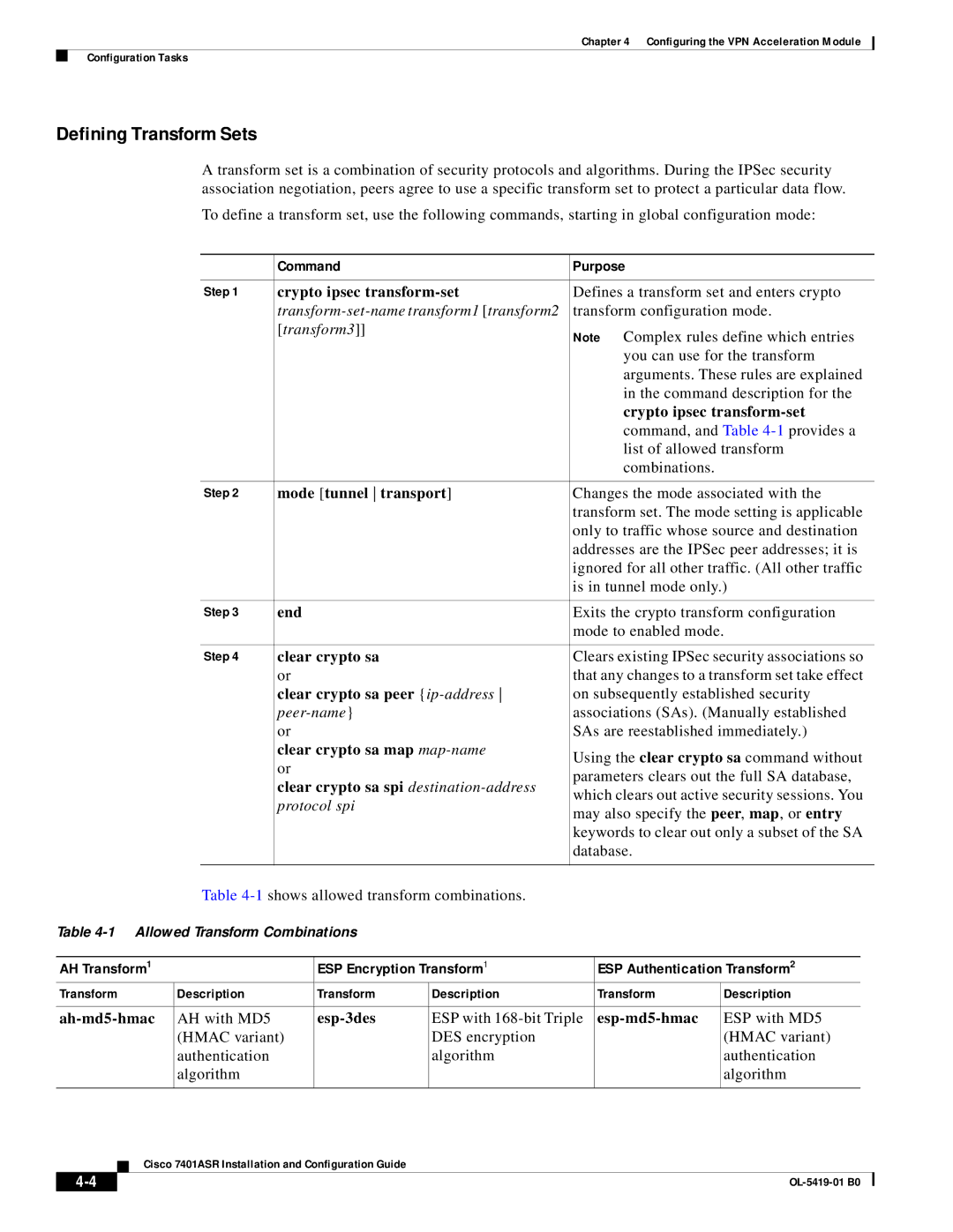 Cisco Systems 7401ASR manual Defining Transform Sets, Command Purpose 