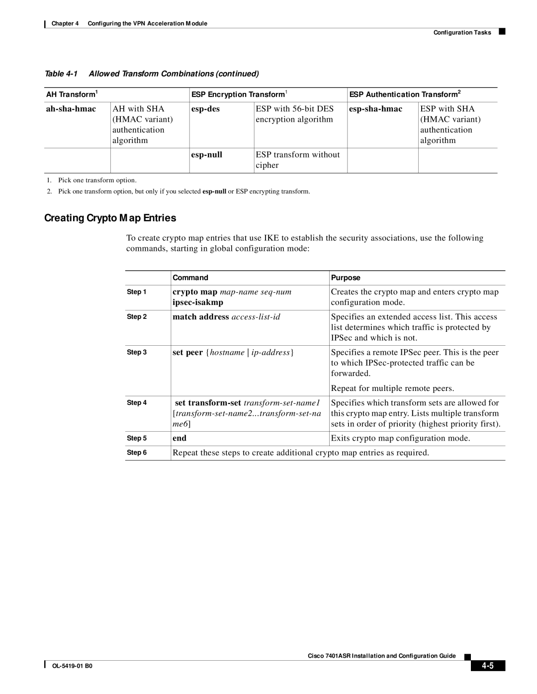 Cisco Systems 7401ASR manual Creating Crypto Map Entries 