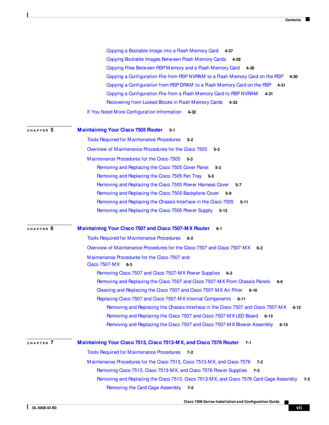 Cisco Systems 7500 Series manual Copying Files Between RSP Memory and a Flash Memory Card, Vii 